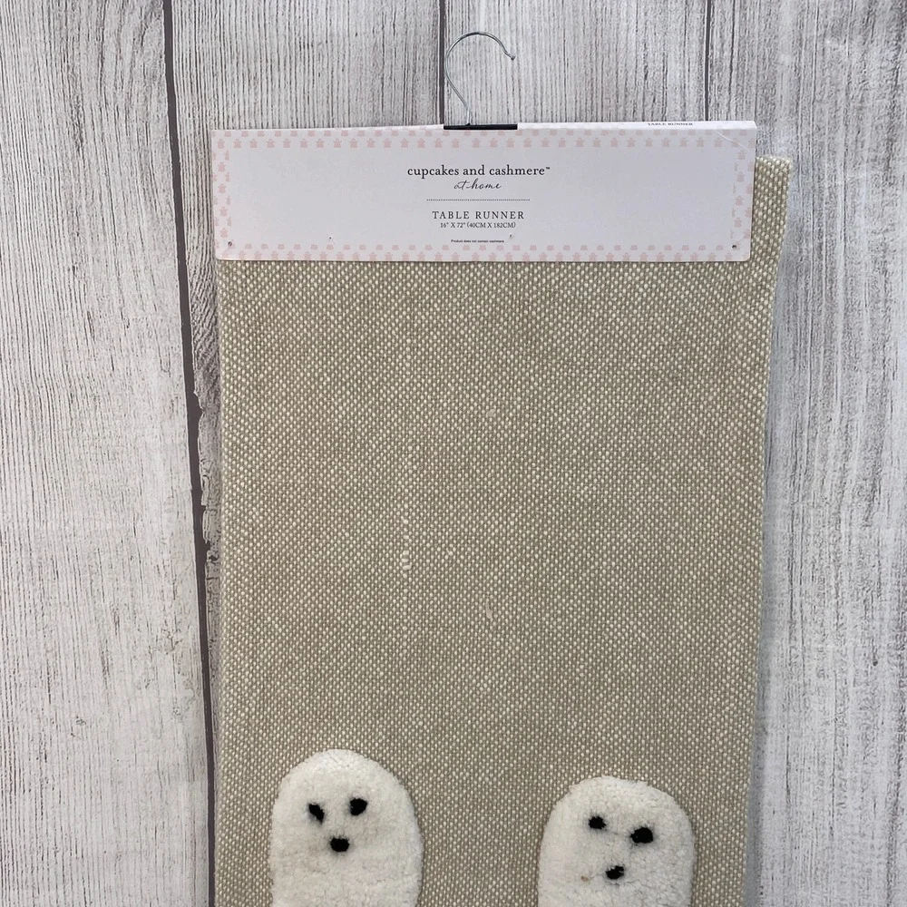 Cupcakes and Cashmere Table Runner Halloween 16x72 Tan Tufted Ghost Tassels